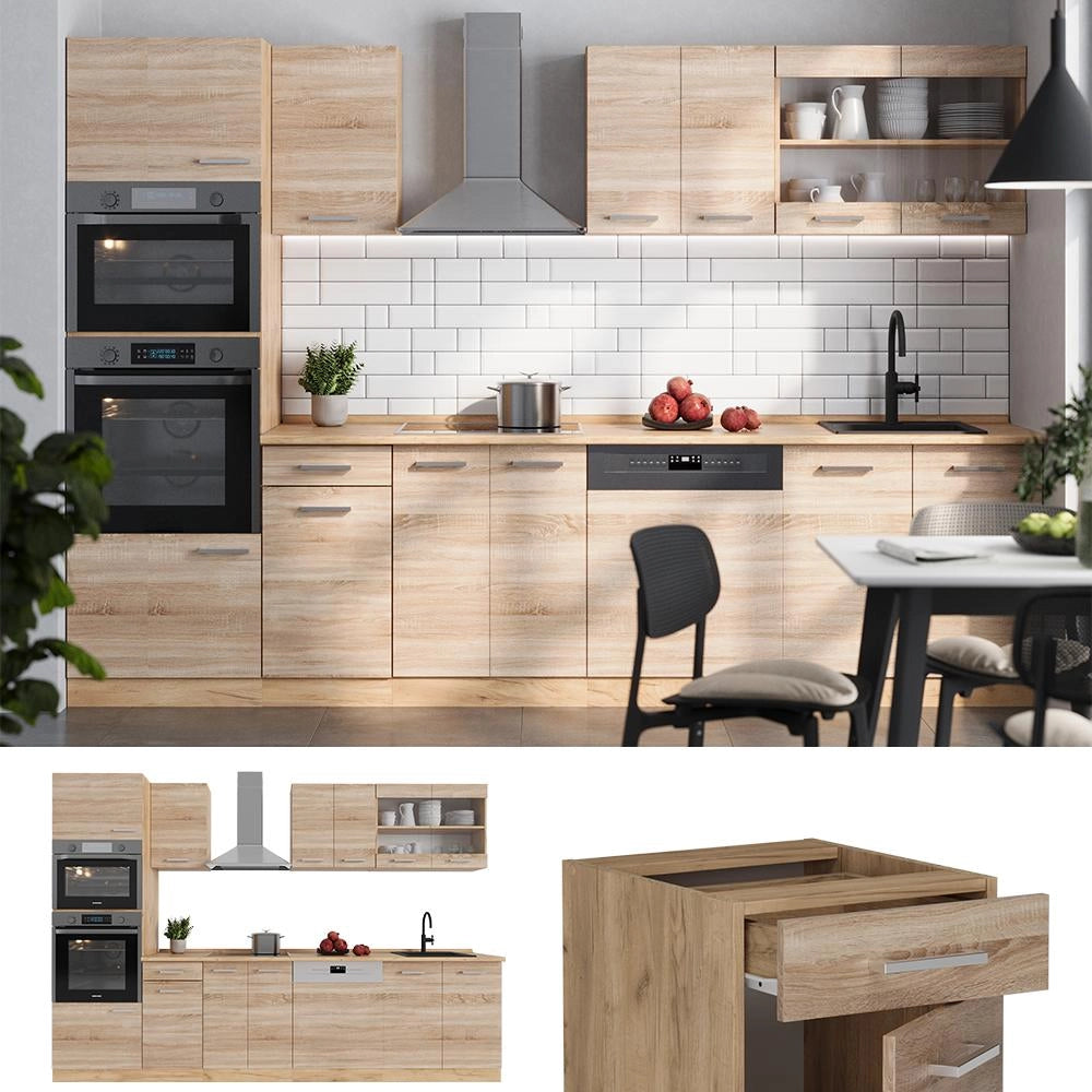 Cucina componibile R-Line Sonoma/Rovere dorato 300 cm con armadio alto, PL Marmo Vicco