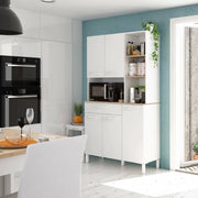 Credenza\ Abbaio, Mobile ausiliario da cucina, Credenza a 5 ante e 1 cassetto con ripiani, Armadio aperto, cm 108x40h186, Bianco e Rovere