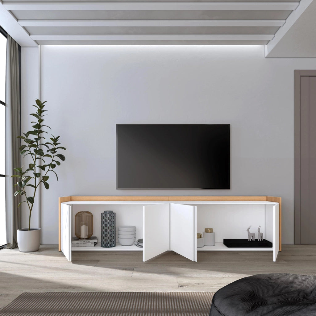 Mobile TV Soggiorno, 207x50x35 cm, Per TV fino a 80", Mobile Soggiorno, Bianco e Rovere soft