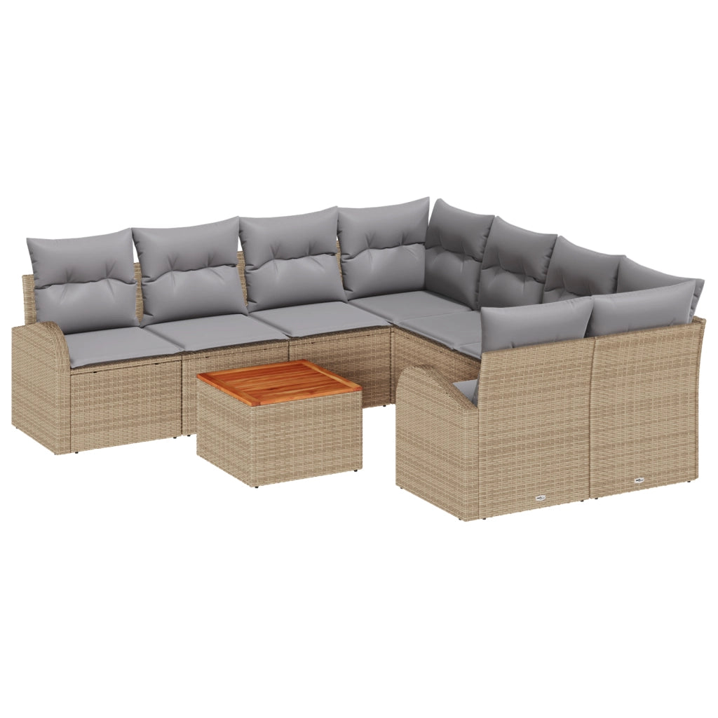 Set divano giardino 9 pezzi con cuscini beige rattan acacia