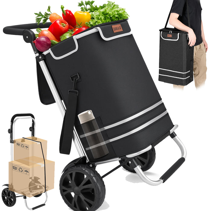 Carrello Spesa Pieghevole 56L Nero Borsa Termica Trolley Portaspesa con Tracolla