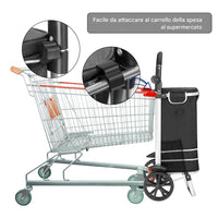 Carrello Spesa Pieghevole 56L Nero Borsa Termica Trolley Portaspesa con Tracolla