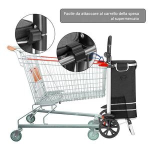 Carrello Spesa Pieghevole 56L Nero Borsa Termica Trolley Portaspesa con Tracolla