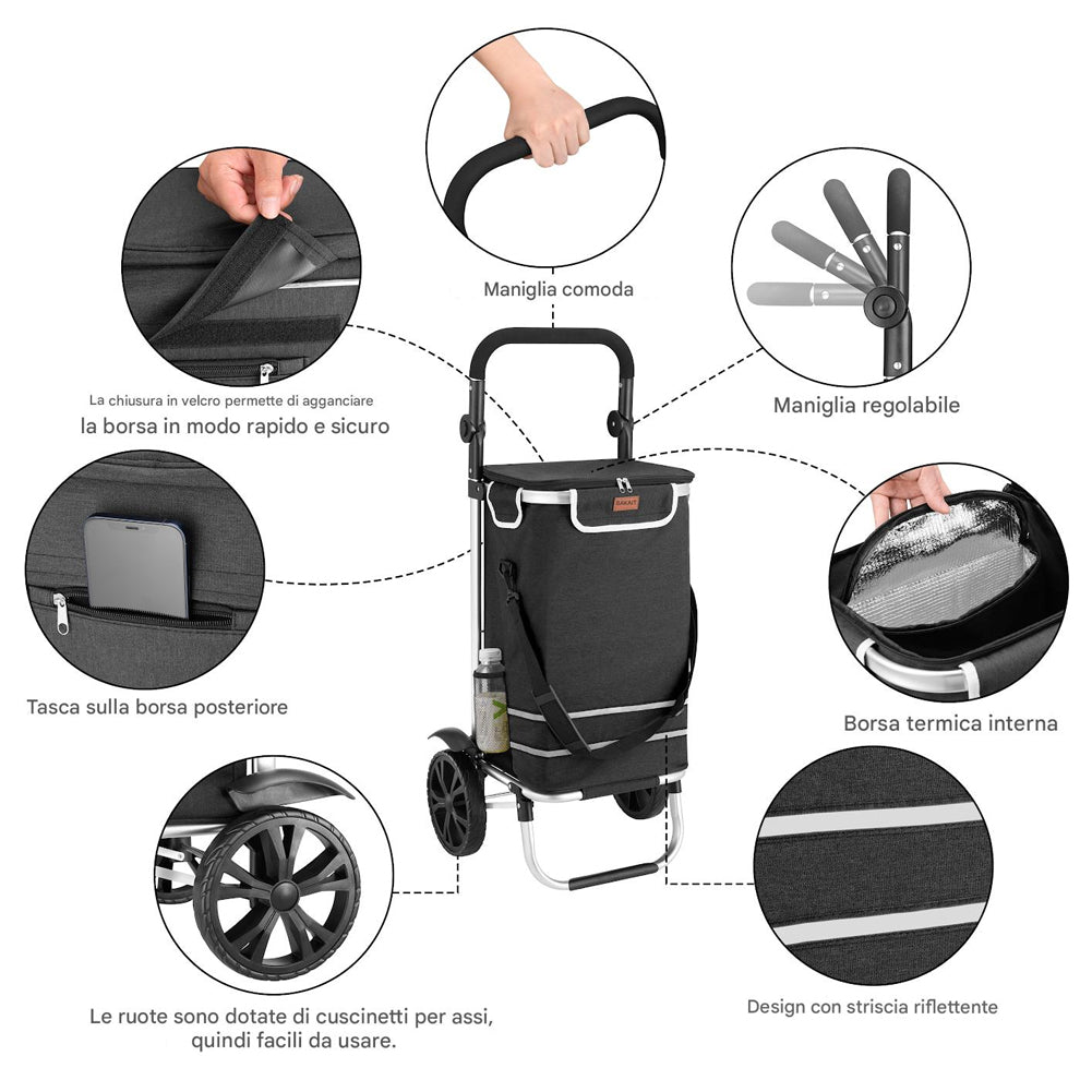 Carrello Spesa Pieghevole 56L Nero Borsa Termica Trolley Portaspesa con Tracolla