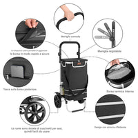 Carrello Spesa Pieghevole 56L Nero Borsa Termica Trolley Portaspesa con Tracolla