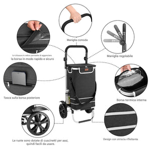 Carrello Spesa Pieghevole 56L Nero Borsa Termica Trolley Portaspesa con Tracolla