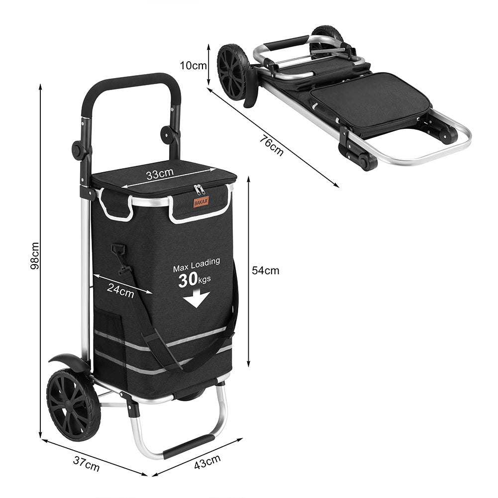 Carrello Spesa Pieghevole 56L Nero Borsa Termica Trolley Portaspesa con Tracolla
