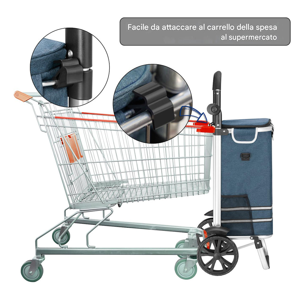 Carrello Spesa Pieghevole 56L Blu Borsa Termica Trolley Portaspesa con Tracolla