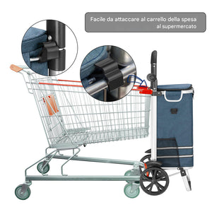 Carrello Spesa Pieghevole 56L Blu Borsa Termica Trolley Portaspesa con Tracolla