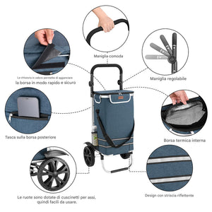 Carrello Spesa Pieghevole 56L Blu Borsa Termica Trolley Portaspesa con Tracolla