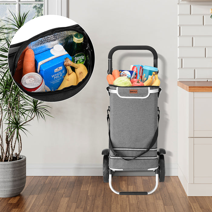 Carrello Spesa Pieghevole 56L Grigio Borsa Termica Trolley Portaspesa e Tracolla