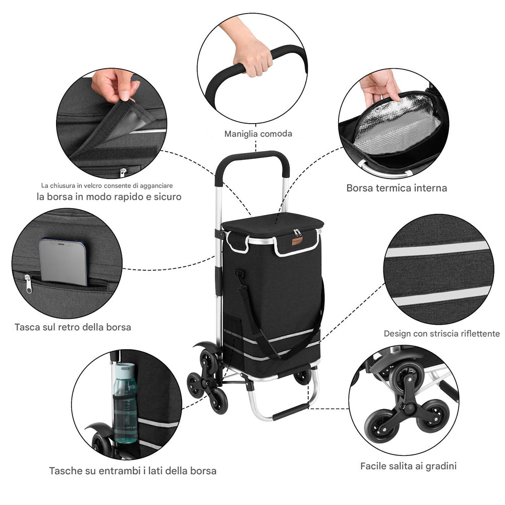 Carrello Spesa Montascale 56L Nero Borsa Termica Trolley Portaspesa con Tracolla
