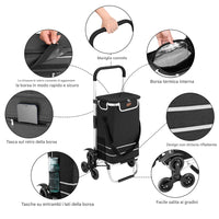 Carrello Spesa Montascale 56L Nero Borsa Termica Trolley Portaspesa con Tracolla