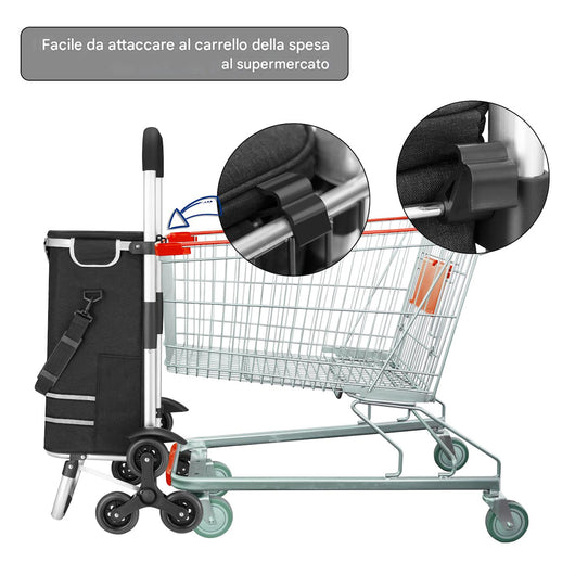 Carrello Spesa Montascale 56L Nero Borsa Termica Trolley Portaspesa con Tracolla
