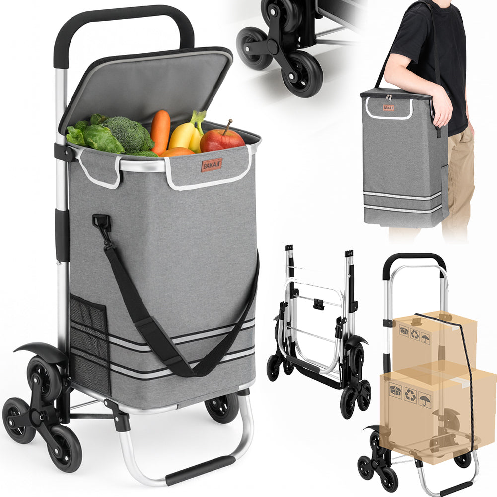 Carrello Spesa Montascale 56L Grigio Borsa Termica Trolley Portaspesa e Tracolla