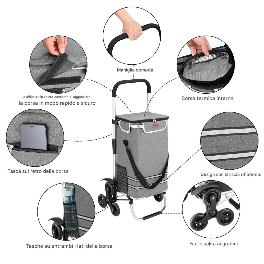 Carrello Spesa Montascale 56L Grigio Borsa Termica Trolley Portaspesa e Tracolla