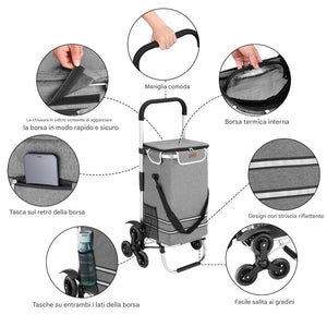 Carrello Spesa Montascale 56L Grigio Borsa Termica Trolley Portaspesa e Tracolla
