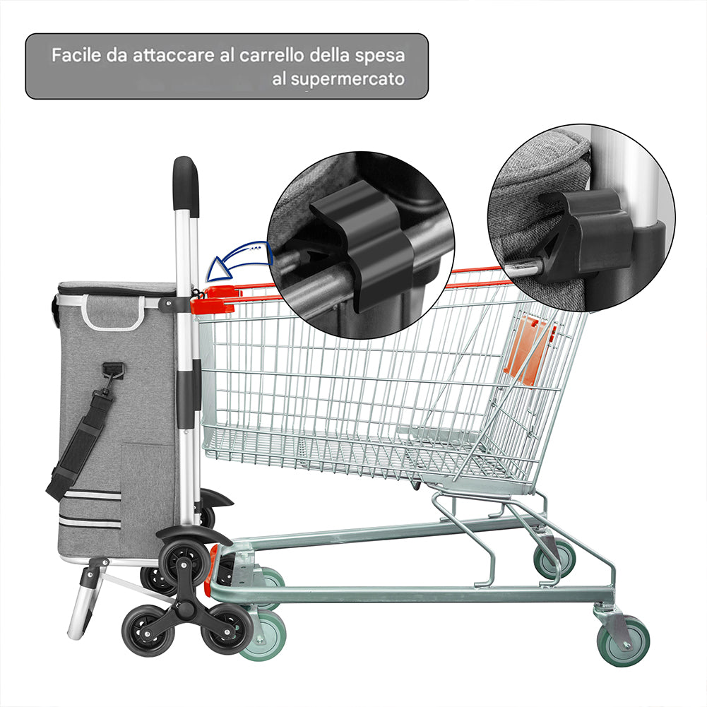 Carrello Spesa Montascale 56L Grigio Borsa Termica Trolley Portaspesa e Tracolla