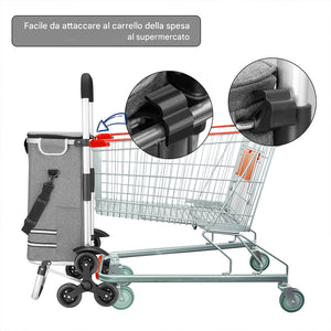 Carrello Spesa Montascale 56L Grigio Borsa Termica Trolley Portaspesa e Tracolla