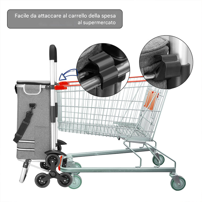Carrello Spesa Montascale 56L Grigio Borsa Termica Trolley Portaspesa e Tracolla