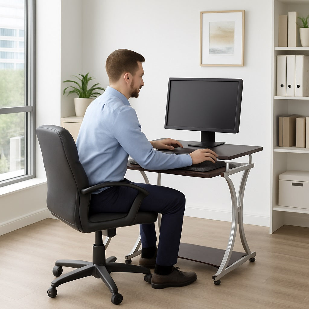 Scrivania Porta PC Tavolo Studio con Porta Tastiera e Ripiani Metallo e Legno Silver Marrone