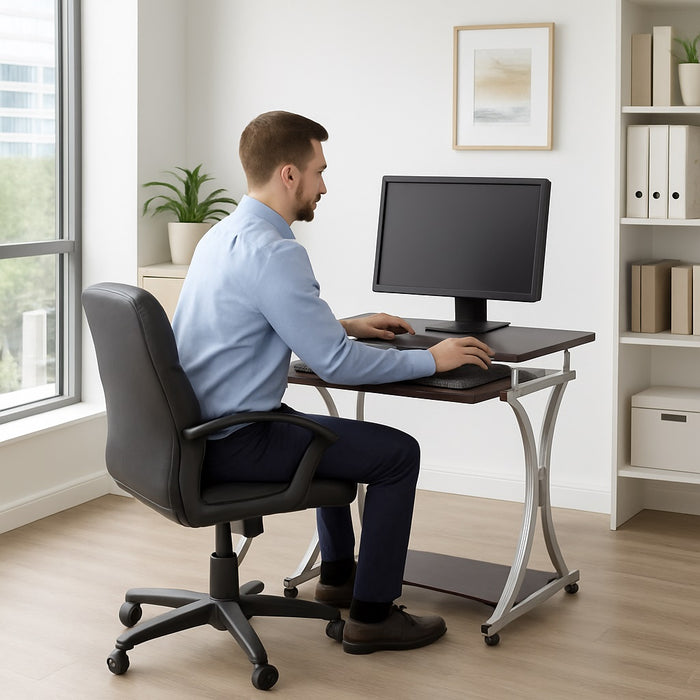 Scrivania Porta PC Tavolo Studio con Porta Tastiera e Ripiani Metallo e Legno Silver Marrone