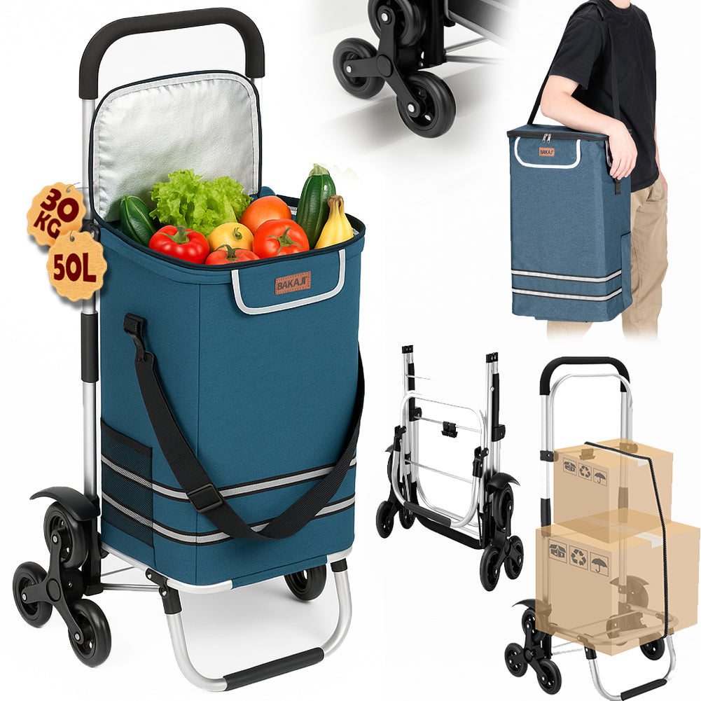 Carrello Spesa Montascale 50L Pieghevole con Borsa Termica Impermeabile 6 Ruote Blu