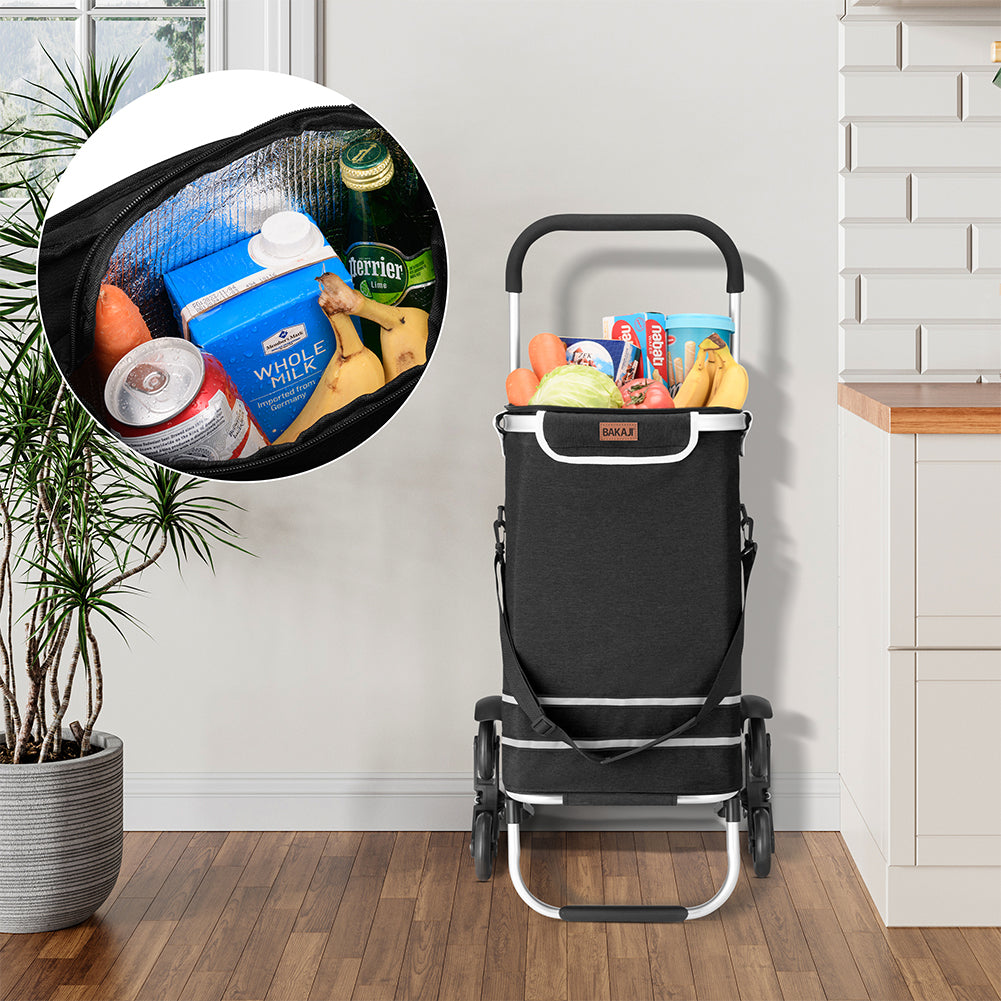 Carrello Spesa Montascale 50L Pieghevole con Borsa Termica Impermeabile 6 Ruote Nero