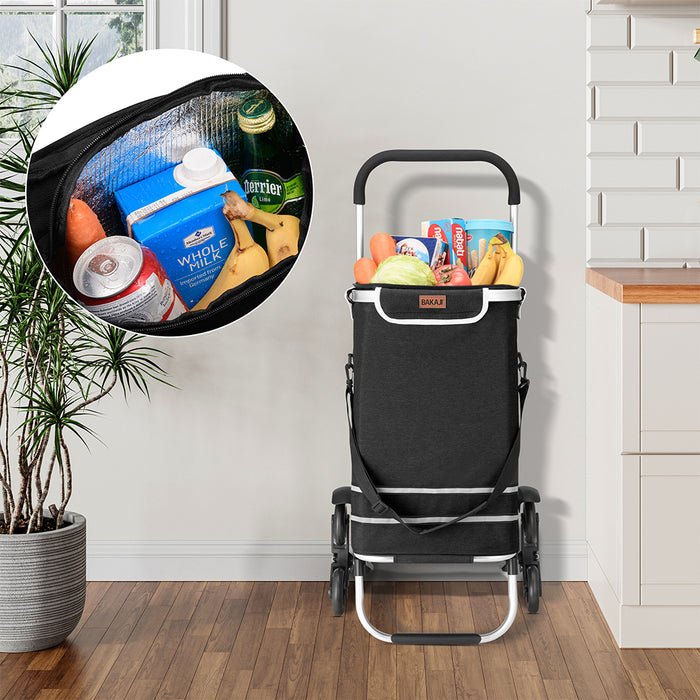 Carrello Spesa Montascale 50L Pieghevole con Borsa Termica Impermeabile 6 Ruote Nero