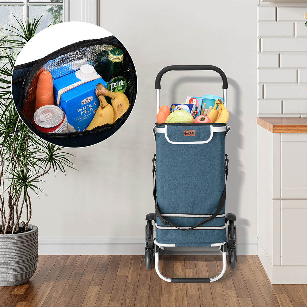 Carrello Spesa Montascale 50L Pieghevole con Borsa Termica Impermeabile 6 Ruote Blu