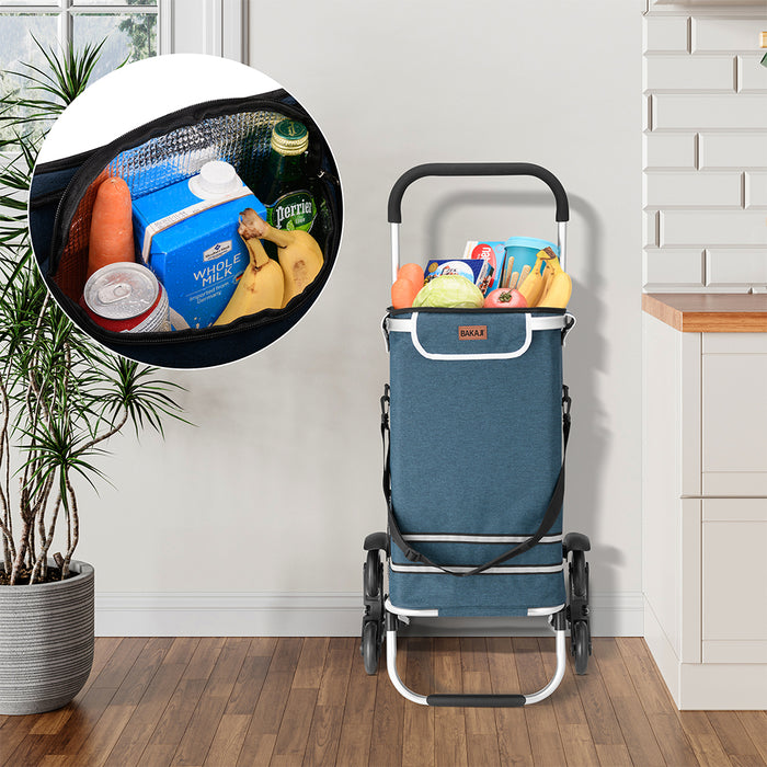 Carrello Spesa Montascale 50L Pieghevole con Borsa Termica Impermeabile 6 Ruote Blu