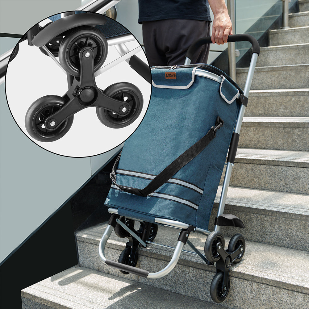 Carrello Spesa Montascale 50L Pieghevole con Borsa Termica Impermeabile 6 Ruote Blu