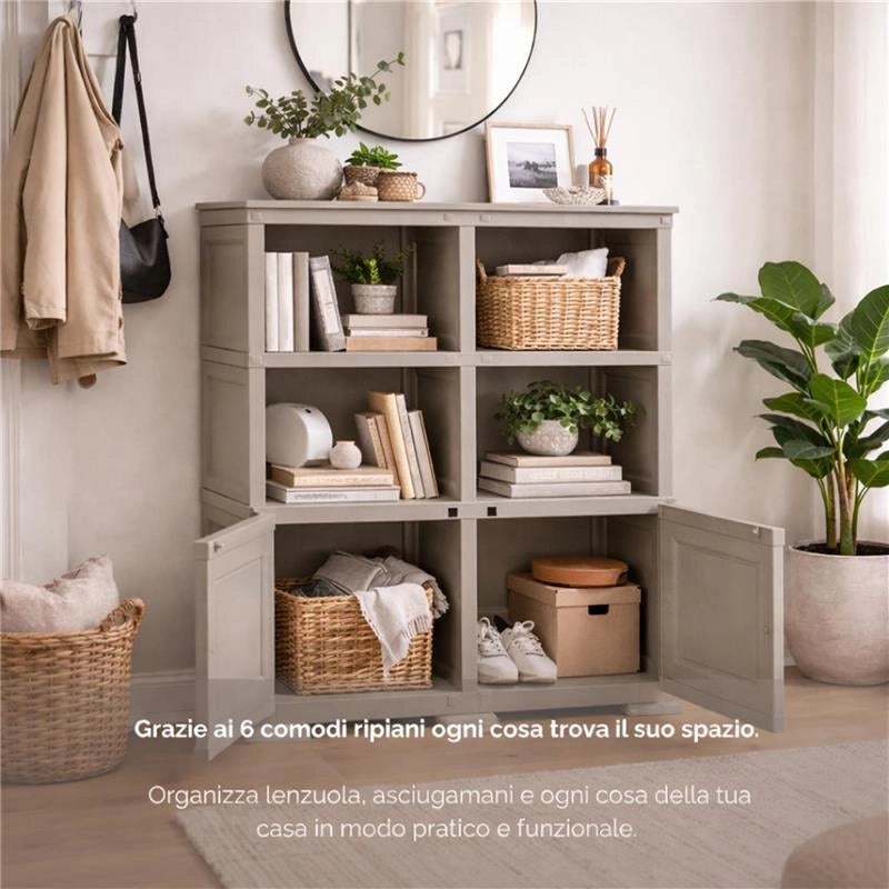 ARMADIO IN PLASTICA EFFETTO LEGNO CON 1 MODULO CHIUSO E 2 SCAFFALI APERTI, MOBILE CONTENITORE DA SALOTTO, BALCONE COPERTO E GIARDINO