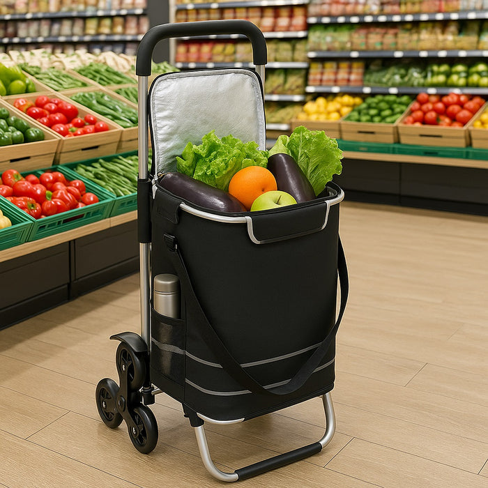 Carrello Spesa Montascale 50L Pieghevole con Borsa Termica Impermeabile 6 Ruote Nero