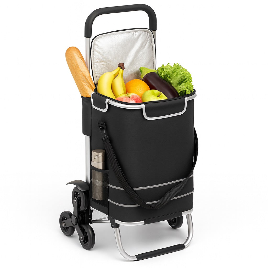 Carrello Spesa Montascale 50L Pieghevole con Borsa Termica Impermeabile 6 Ruote Nero