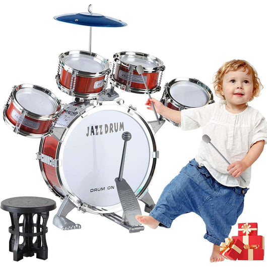 Kit Batteria Jazz per Bambini 5 Tamburi Sgabello Pedale e Bacchette Idea Regalo
