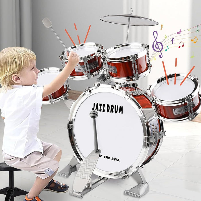 Kit Batteria Jazz per Bambini 5 Tamburi Sgabello Pedale e Bacchette Idea Regalo