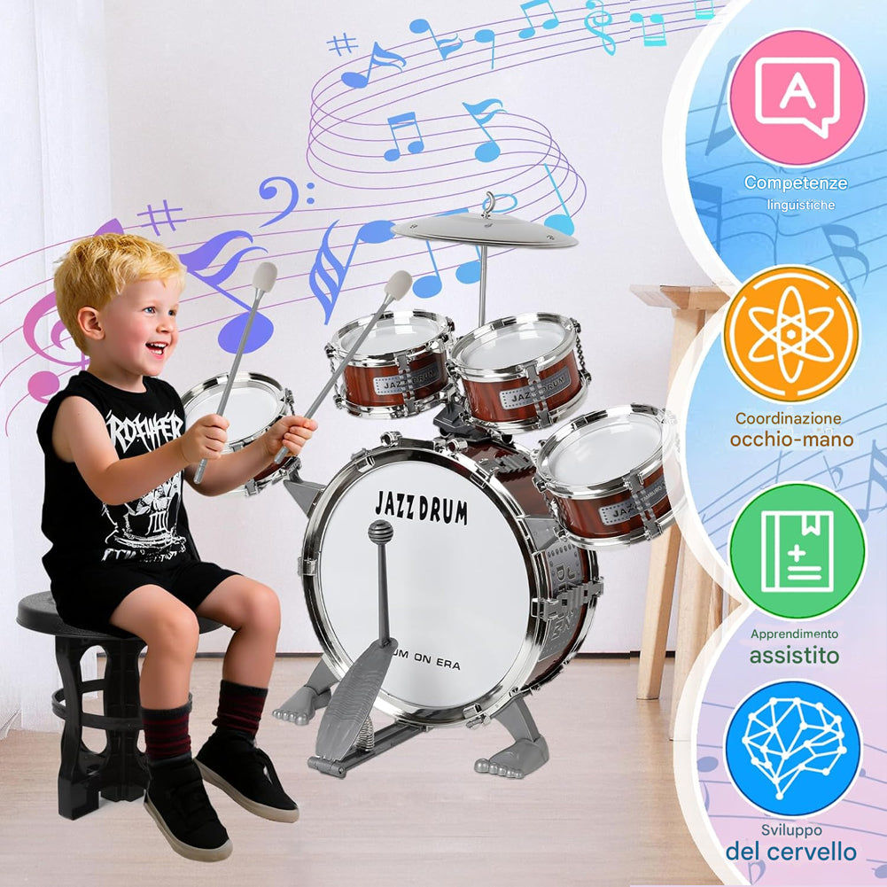 Kit Batteria Jazz per Bambini 5 Tamburi Sgabello Pedale e Bacchette Idea Regalo