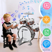 Kit Batteria Jazz per Bambini 5 Tamburi Sgabello Pedale e Bacchette Idea Regalo
