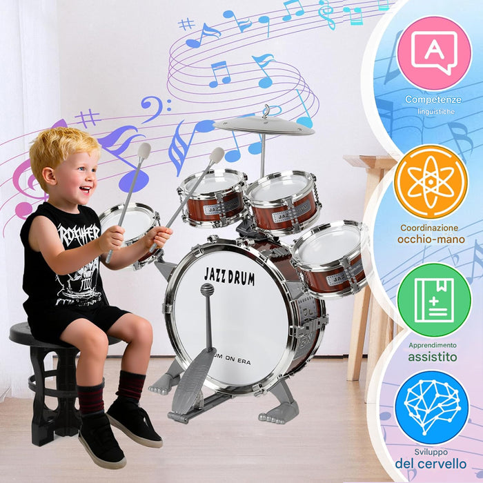 Kit Batteria Jazz per Bambini 5 Tamburi Sgabello Pedale e Bacchette Idea Regalo
