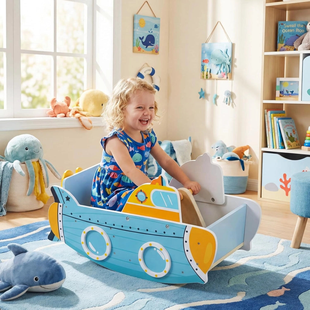 Cavallo a Dondolo per Bambini, Gioco a Dondolo a Tema Sottomarino da Interno con Elica Rotante, per Camerette Sale Giochi per Bambini 1+ Anni