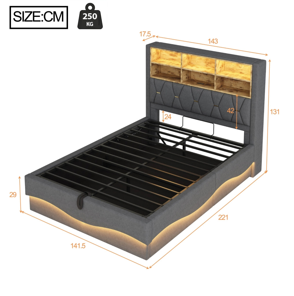 Letto imbottito 140x200 cm con contenitore; LED e USB in lino e metallo grigio
