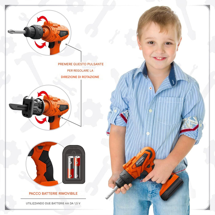 Banco Attrezzi per Bambini 2 in 1 65 Pz Valigetta Trapano Elettrico Idea Regalo