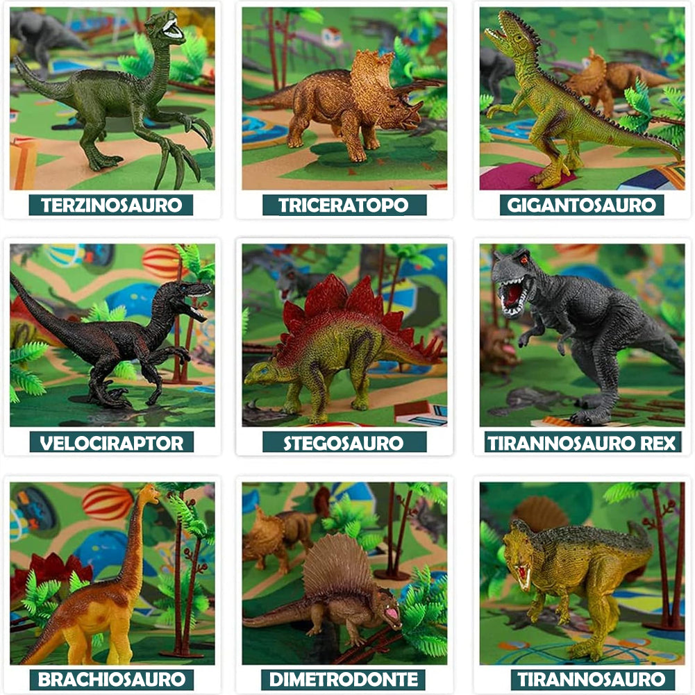 Playset Dinosauri 15 Pezzi con Custodia e Tappetino Dino T-Rex Idea Regalo
