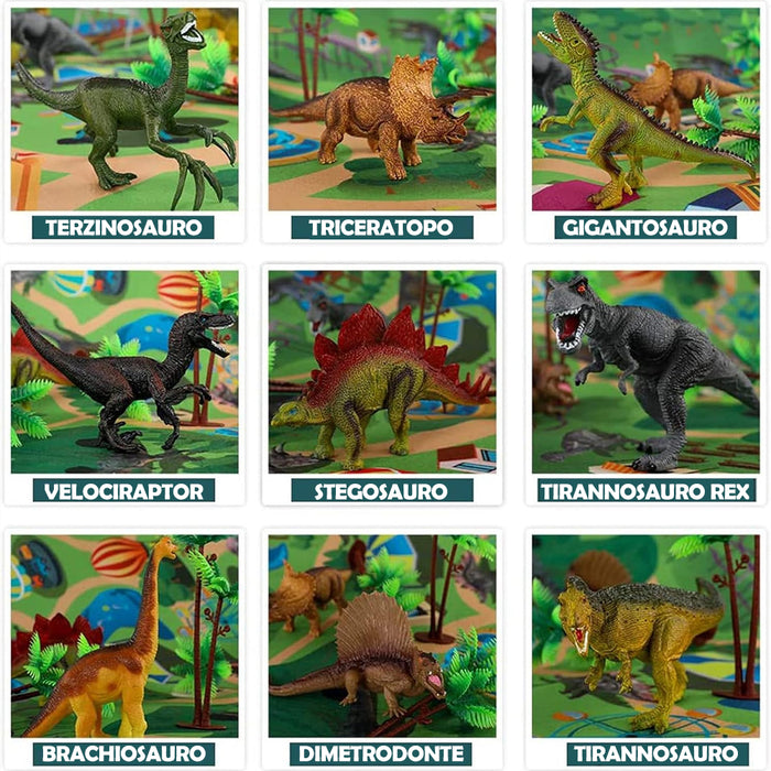 Playset Dinosauri 15 Pezzi con Custodia e Tappetino Dino T-Rex Idea Regalo