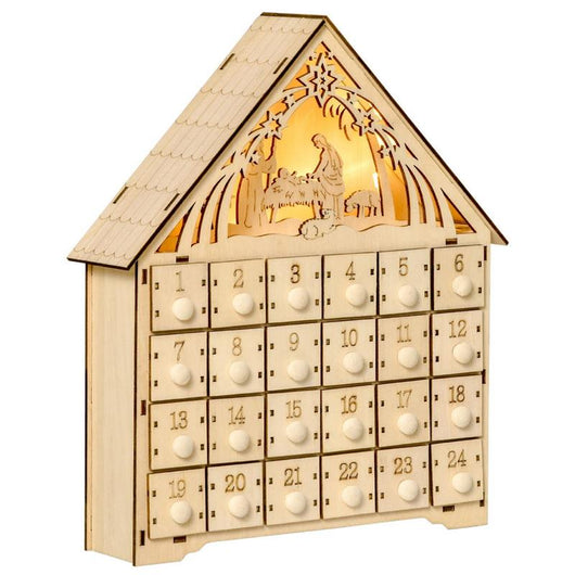 CALENDARIO DELL'AVVENTO IN LEGNO CON 24 CASSETTI E PRESEPE INTAGLIATO - 26.6X6X30CM
