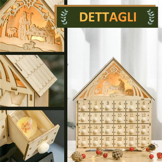 CALENDARIO DELL'AVVENTO IN LEGNO CON 24 CASSETTI E PRESEPE INTAGLIATO - 26.6X6X30CM