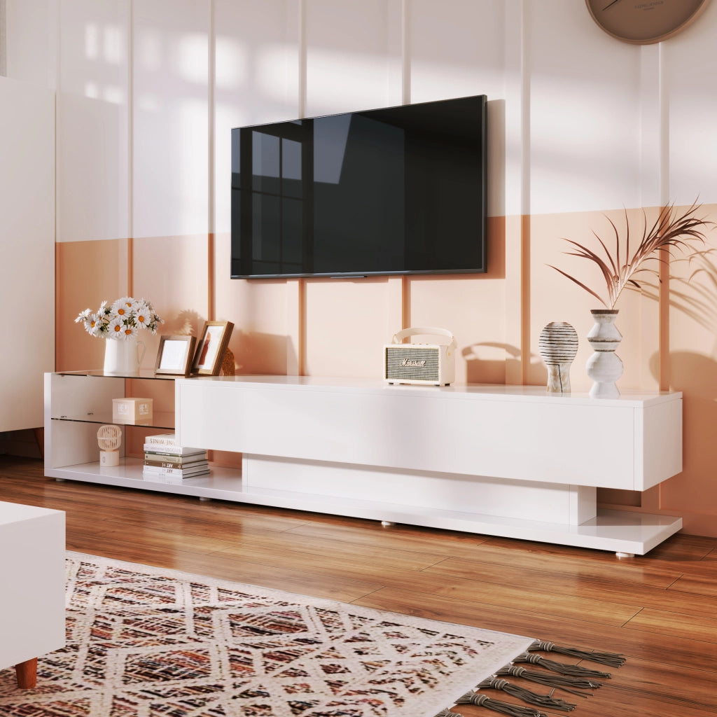 Mobile TV con 2 Cassetti e 2 Ripiani in Vetro con LED per Soggiorno in Truciolare 170×36×38 cm Bianco