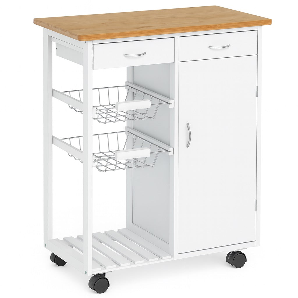 Carrello Cucina in Legno Bianco con Cassetti Cestelli Acciaio e Top Bambù Multiuso