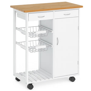 Carrello Cucina in Legno Bianco con Cassetti Cestelli Acciaio e Top Bambù Multiuso
